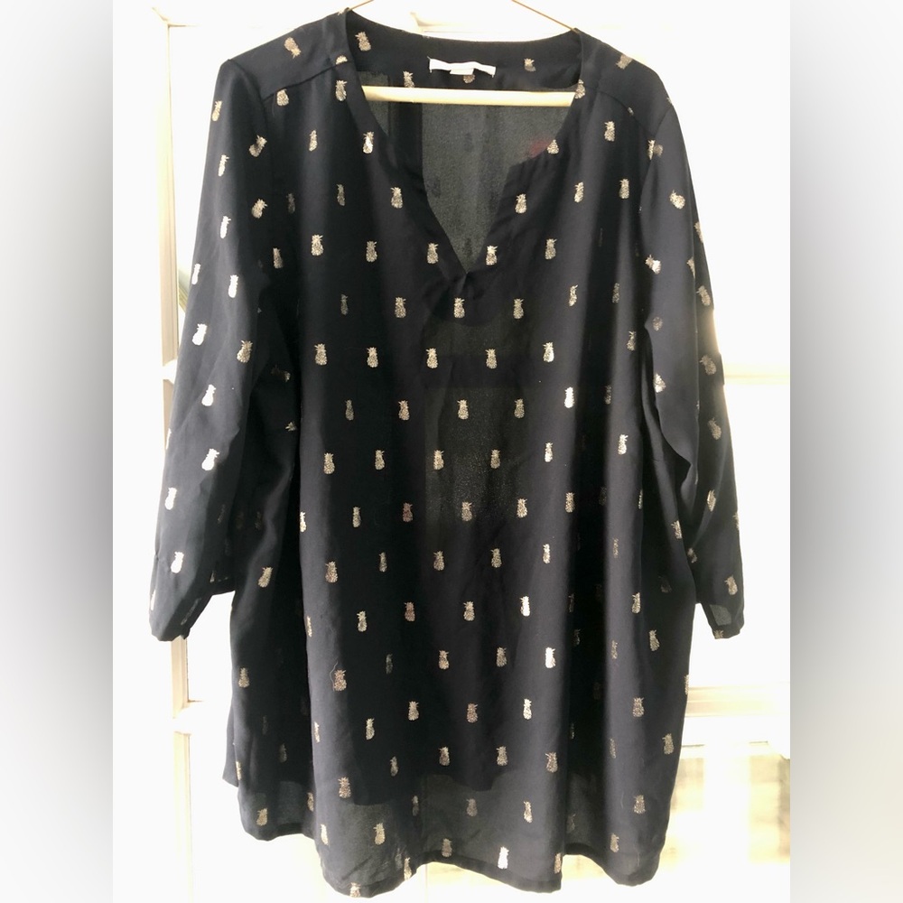 Navy Blue with Gold Pineapples Top by c&e, Size 2X